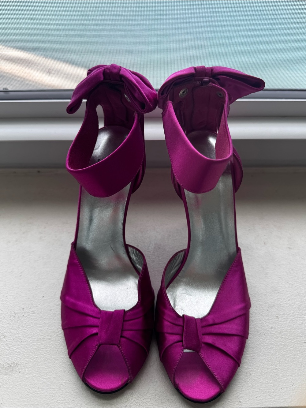 Stuart Weitzman Women's Fuchsia Satin Peep-Toe Heels with Ankle Bow